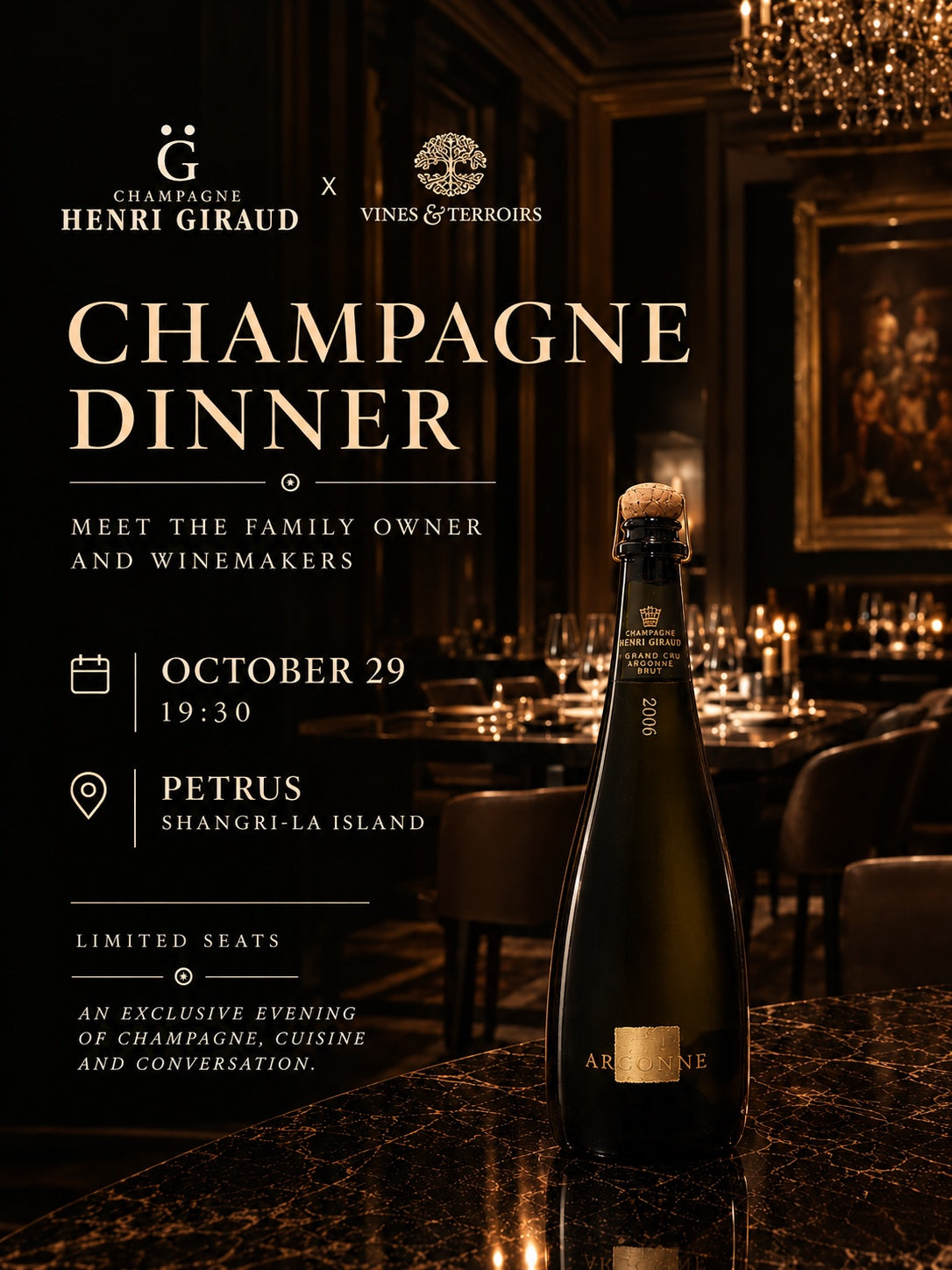 29th October Henri Giraud pairing Dinner with the owner at Petrus (Island Shangri-La).